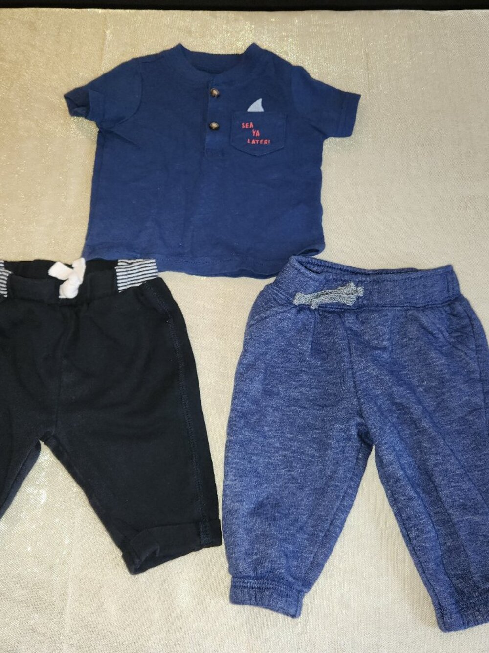 Baby Boy Outfit Lot 0-3M Shirt Jogger Pants Bundle 3 Pieces Blue Black